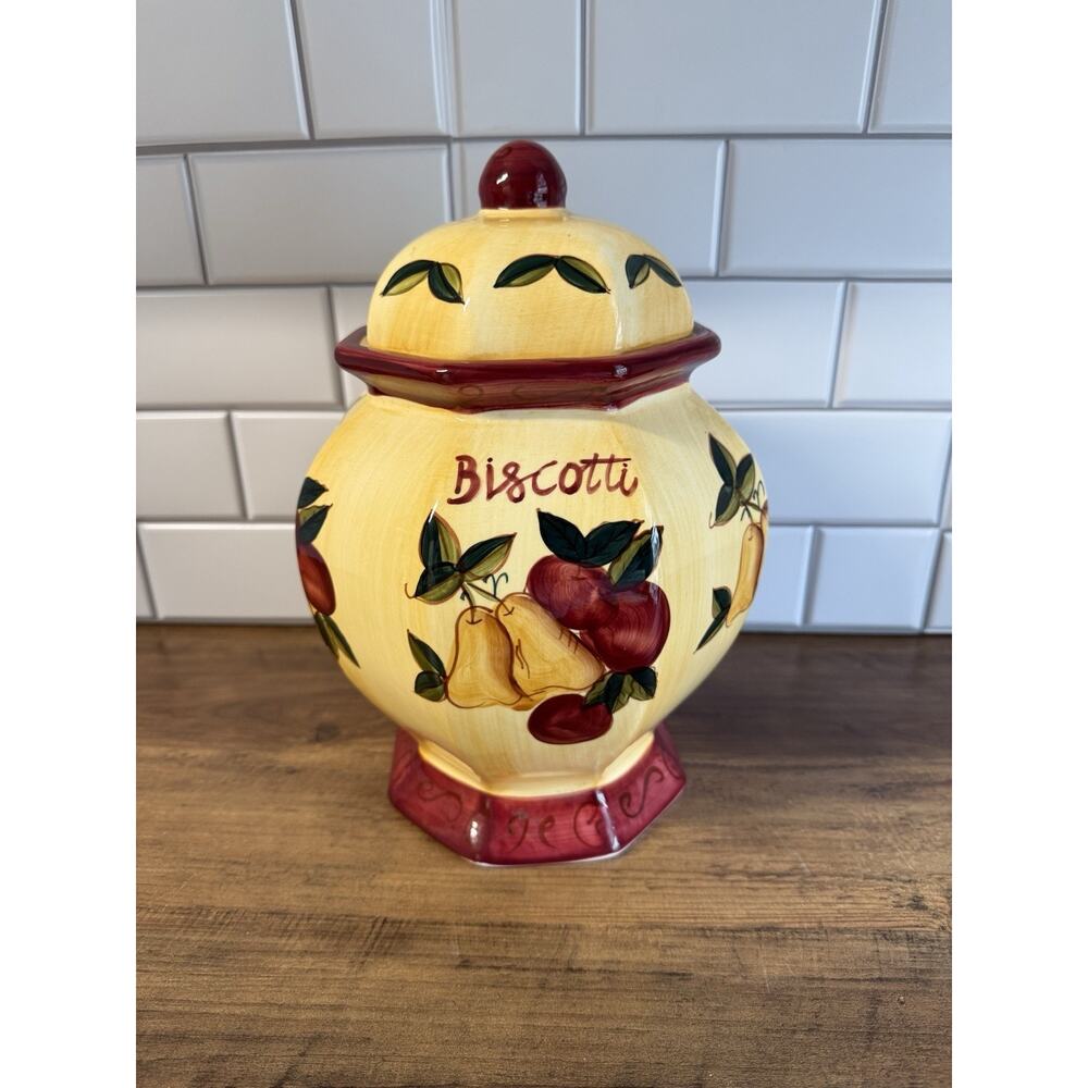Nonni's Biscotti Cookie Jar Ceramic Biscuits Canister Yellow Burgundy